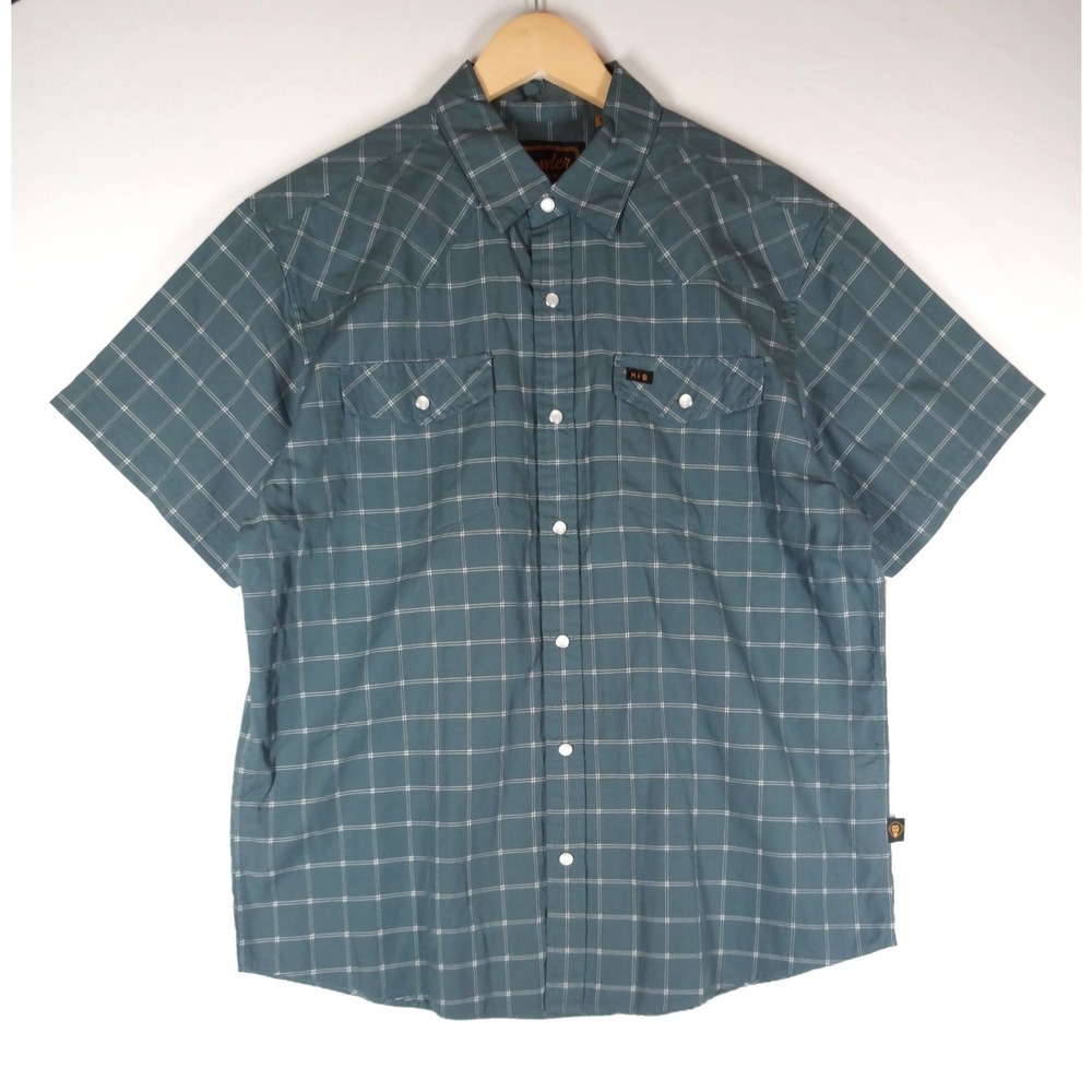 Howler Bros Pearl Snap Shirt Mens Medium Teal Windowpane Western Gaucho Outdoor